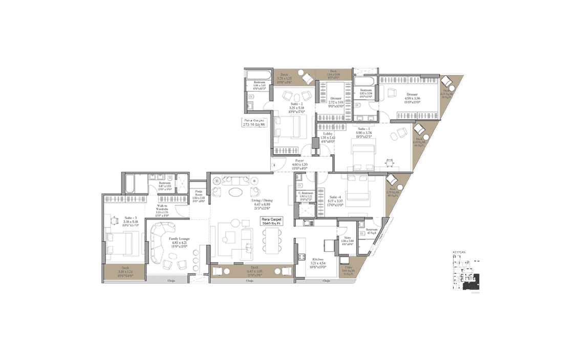 4 BHK + Family Lounge + Staff Qtr plan